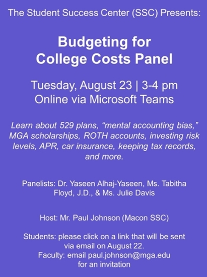 Flyer for the Budgeting the Cost of College panel.